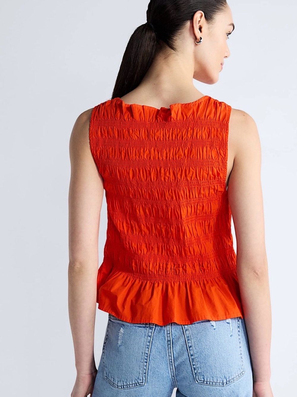(500)Bright Orange Smocked Peplum Tank Top - Picture 4 of 5
